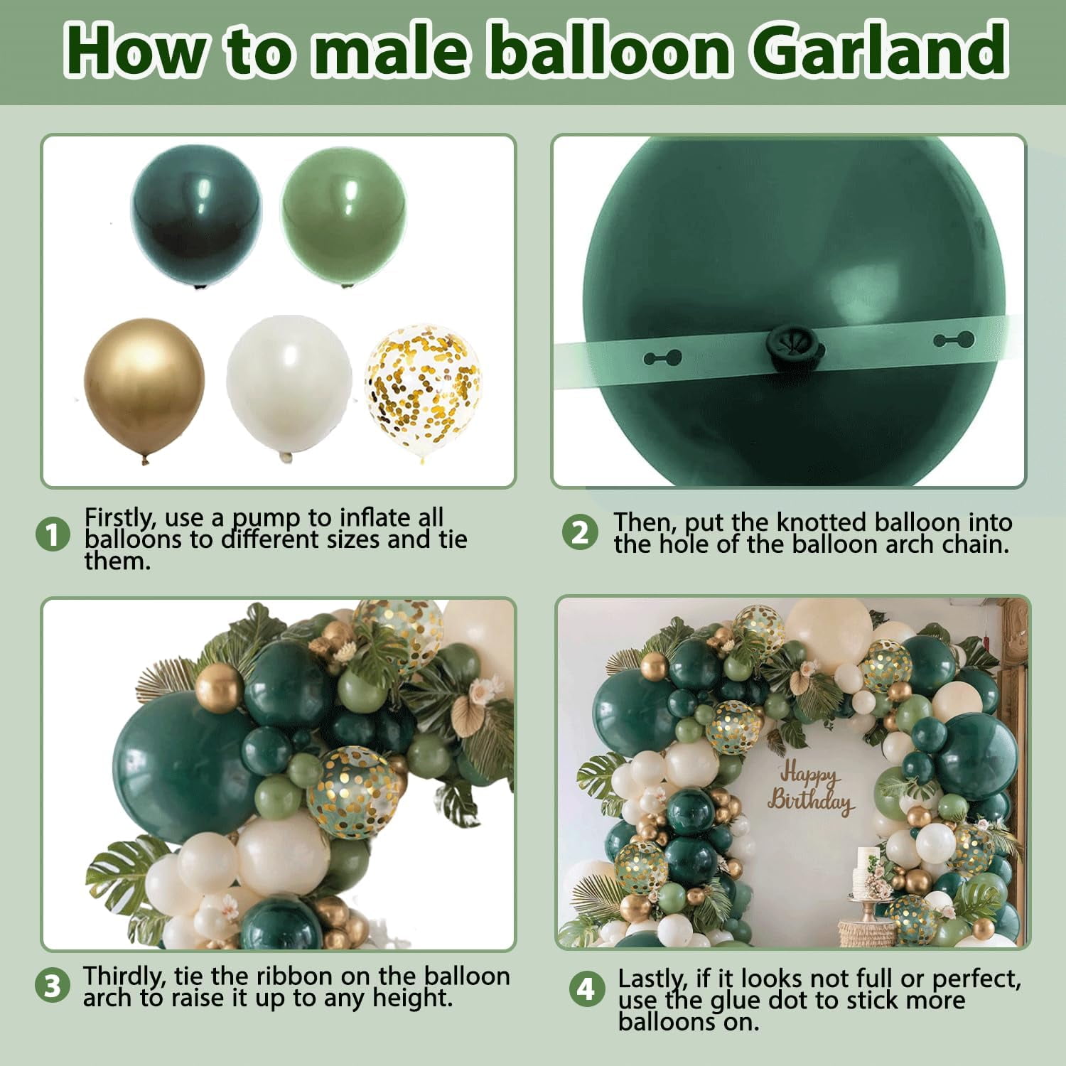 Emerald Green White Gold Balloon Arch Kit, Double Stuffed Sage Olive Green Sand White Beige Chrome Gold Confetti Balloons, for Wedding Birthday Graduation Jungle Safari Party Decor
