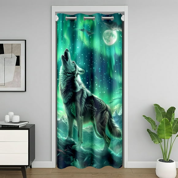 Wolf Door Curtain for Doorway Privacy,Aurora Natural Dreamy Blackout Curtain,Wildlife Animal Print Door Drape,North Pole Northern Lights Room Divider Curtain,34"W X 80"L