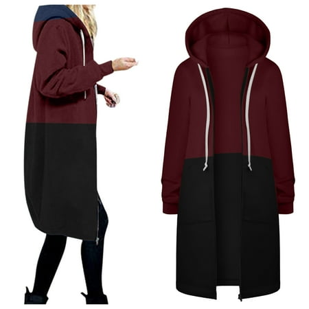 

Dtydtpe Women s Color Block Drawstring Jacket Zipper Warm Open Hoodies Sweatshirt Long Coat Fashion Casual Outwear Scrub Jackets for Women