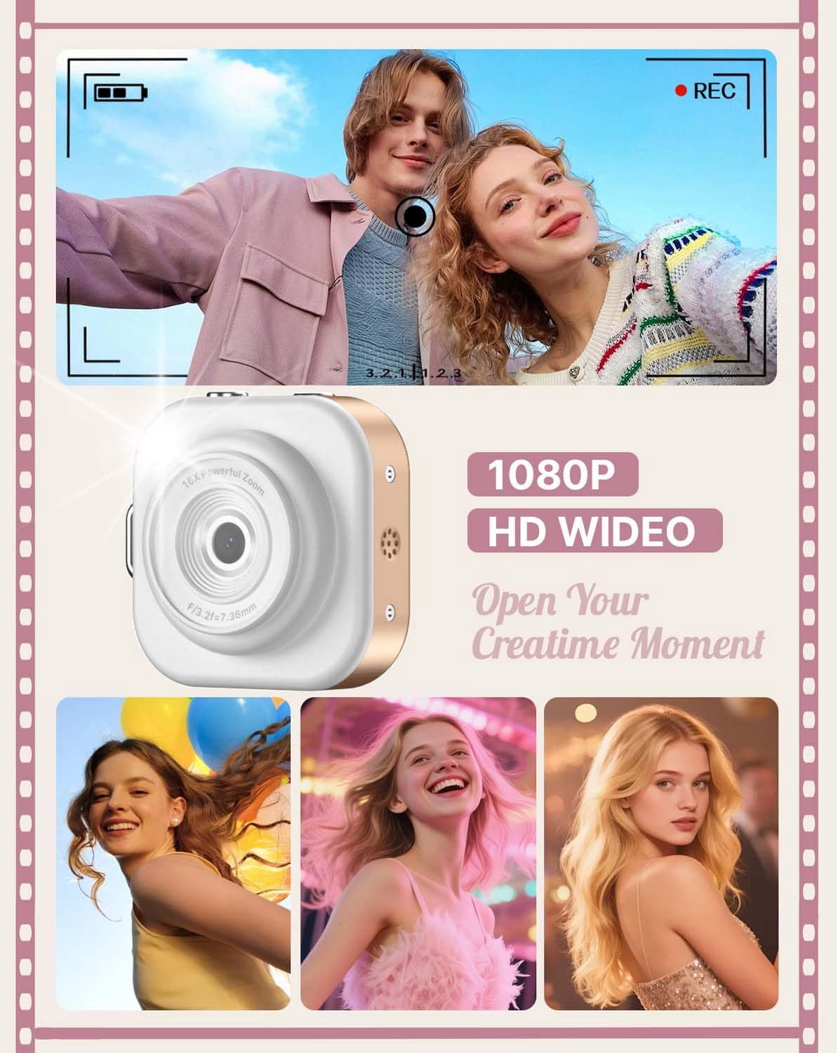 W & O Q16 Portable 48 MP Point & Shoot Digital Cameras with Keychain Camera, Gold