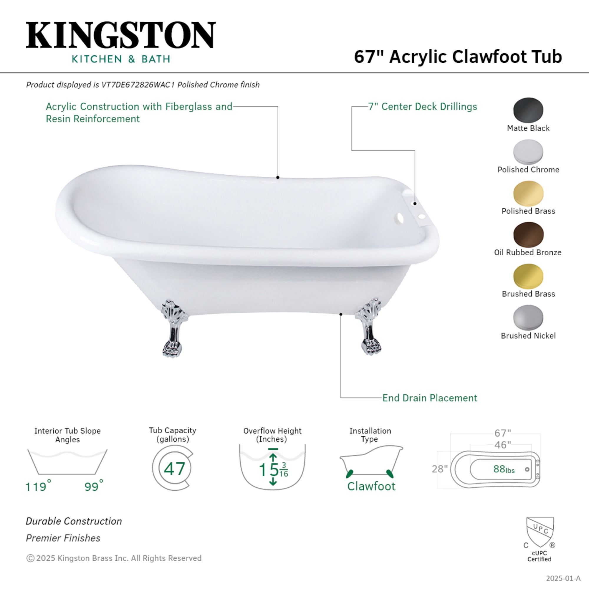 Aqua Eden VT7DE672826WAC0 67" Acrylic Classic Flat-Rim Single Slipper Clawfoot Tub (7" Faucet Drillings), Glossy White/Matte Black