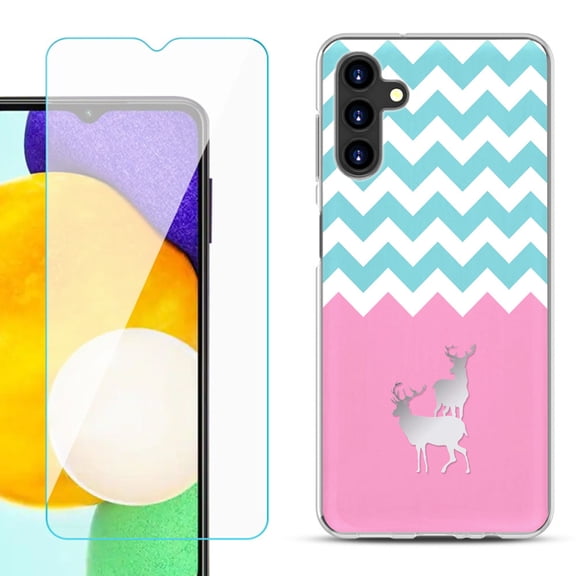 Slim-Fit TPU Fashion Phone Case for Samsung Galaxy A13 5G, with Tempered Glass Screen Protector, by OneToughShield ® - Chevron/Teal/Deer
