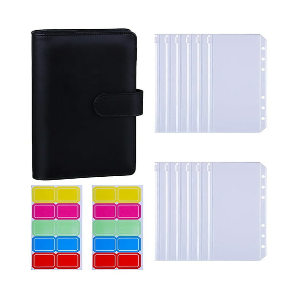 A6 Leather Ring Binder 6 Holes File Folder Notebook Style Loose Leaf Binder Budget Book Waterproof Visible with 12 Zipper Bags 2 Labels for Notes ...