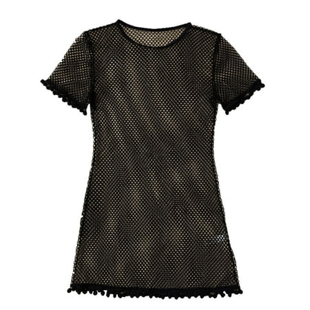 CAIVO Women Pom-pom Trim Fishnet Cover Up Short Sleeve Cover Up Blouse Cover Up Tops Beach Wrap Bikini Shiny Wraps Cover Ups Swimwear Classic Beach Vacation Summer Swim Wear