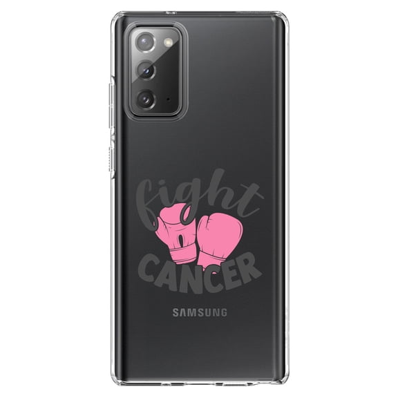 DistinctInk Clear Shockproof Hybrid Case for Galaxy Note 20 ULTRA (6.9" Screen) - TPU Bumper Acrylic Back Tempered Glass Screen Protector - Pink Ribbon Cancer - Fight Boxing Gloves