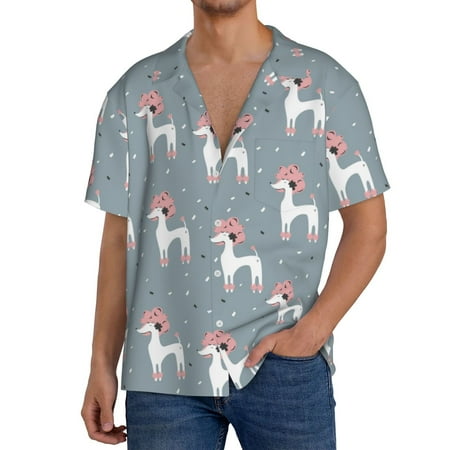Fuzoiu Cartoon Poodle Dog Print Men s Casual Short Men s Short Sleeve Shirt Mens Casual Button Down Shirts Cuban Collar Summer Shirt for Beach Vacation and Outdoor Activities-4X-Large
