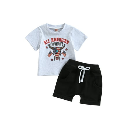 

Blotona 4th of July Baby Boys Independence Day Outfits Cow Head Print Short Sleeve Crew Neck T-shirt and Elastic Rolled Hem Shorts 2Pcs Toddle Summer Casual Clothes Set 0-3T