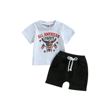 

Qtinghua Baby Boy 4th of July Outfit All American Cowboy Short Sleeve T-shirt USA Flag Shorts Set Toddler Western Clothes Gray 12-18 Months