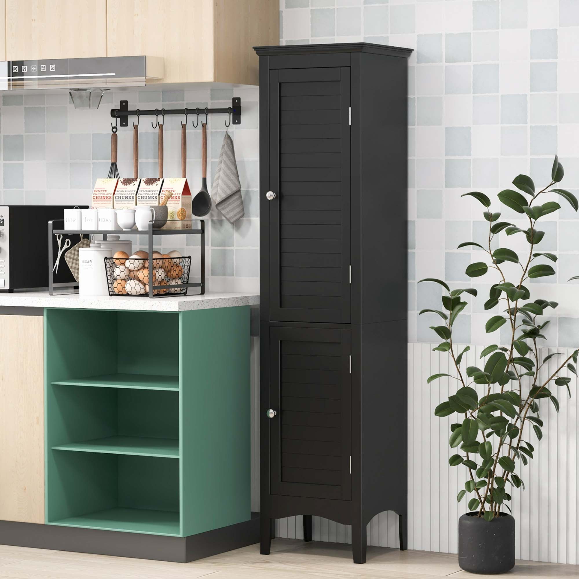Costway Tall Bathroom Floor Cabinet Narrow Linen Tower with 2 Doors & Adjustable Shelf Black