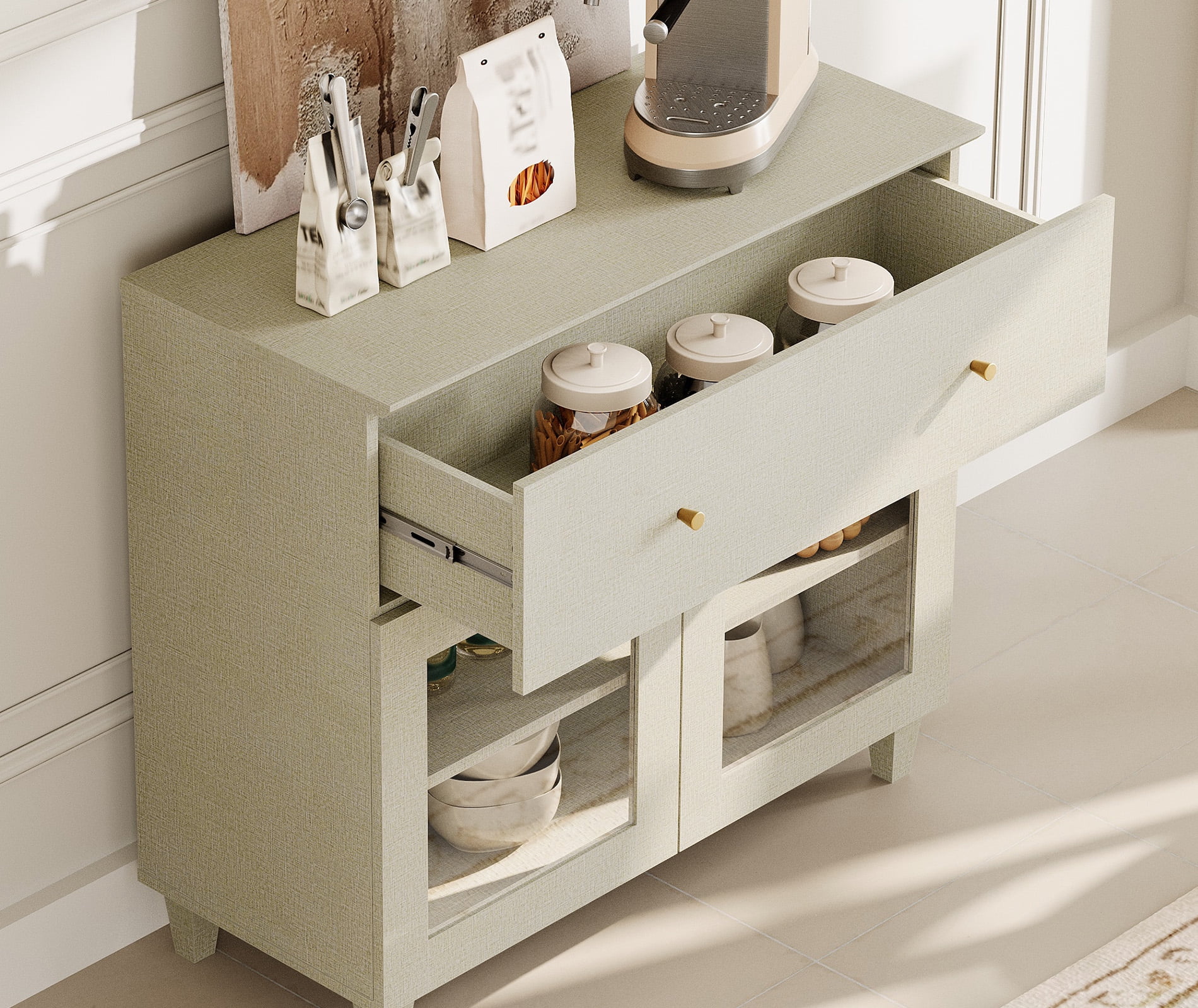 Modern Glass‑Door Dresser Cabinet, Bedroom Organizer – Wide Drawer, Fixed Shelf, Anti‑Tip, Beige, 35" W
