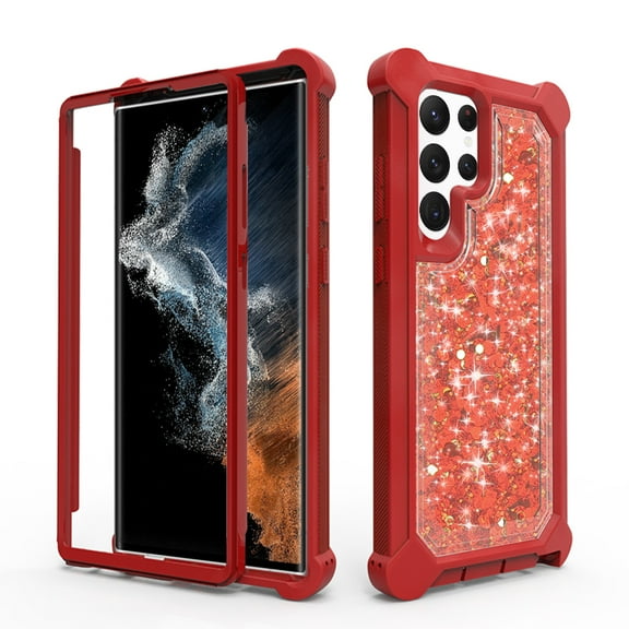For Samsung Galaxy S22  Plus Luxury Liquid Glitter 3in1 Sparkle Bling Quicksand Clear Heavy Duty Bumper PC Frame TPU Back Cover ,Xpm Phone Case [ Red ]
