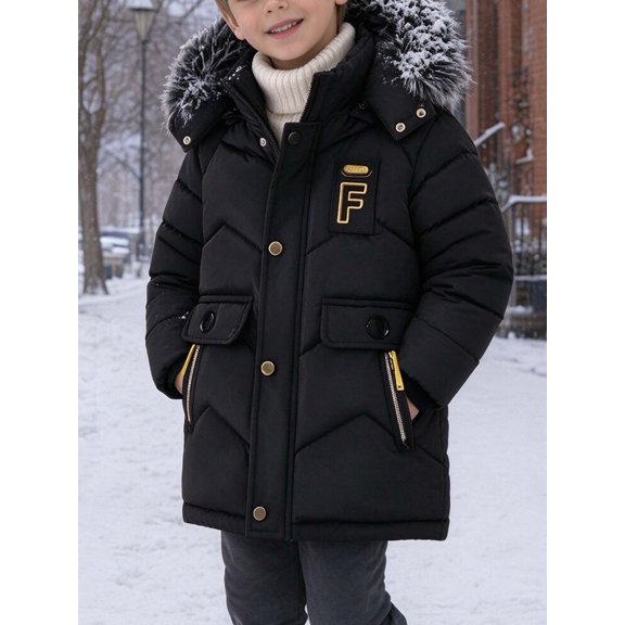 DYTTDG Boys Winter Hooded Puffer Jacket With Button, Zipper Closure & Multi Pockets, Suitable for Fall/Winter Daily Outerwear