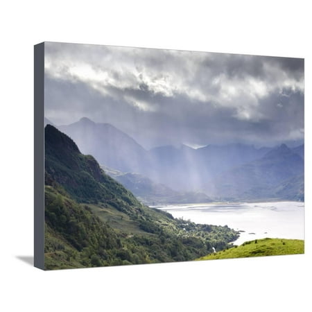 View from Carr Brae Towards Head of Loch Duich and Five Sisters of Kintail with Sunlight Bursting T Stretched Canvas Print Wall Art By Lee