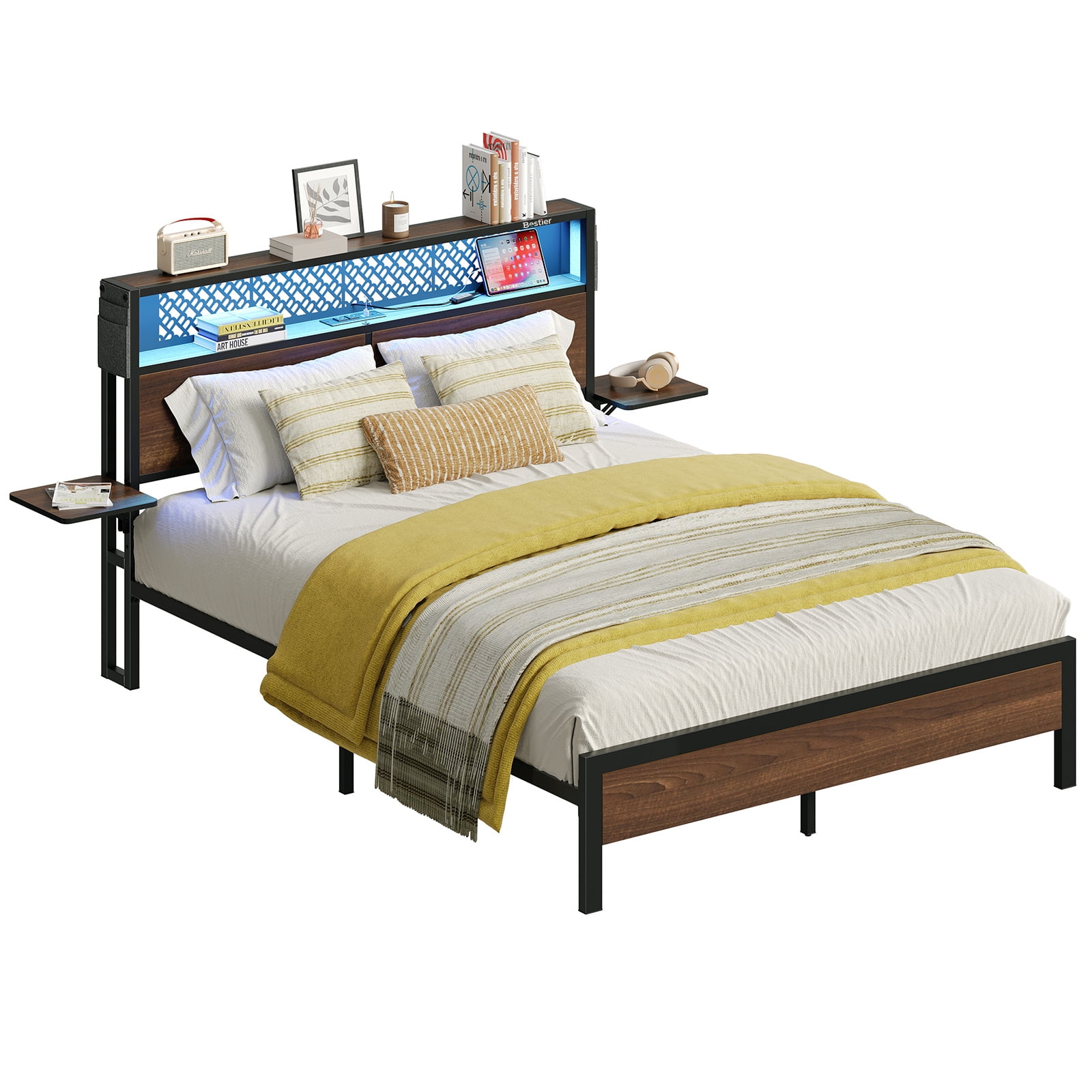 Bestier Queen Size Wood Platform Bed Frame with Foldable Bedside Shelves and LED Storage Headboard Charge Station, Walnut