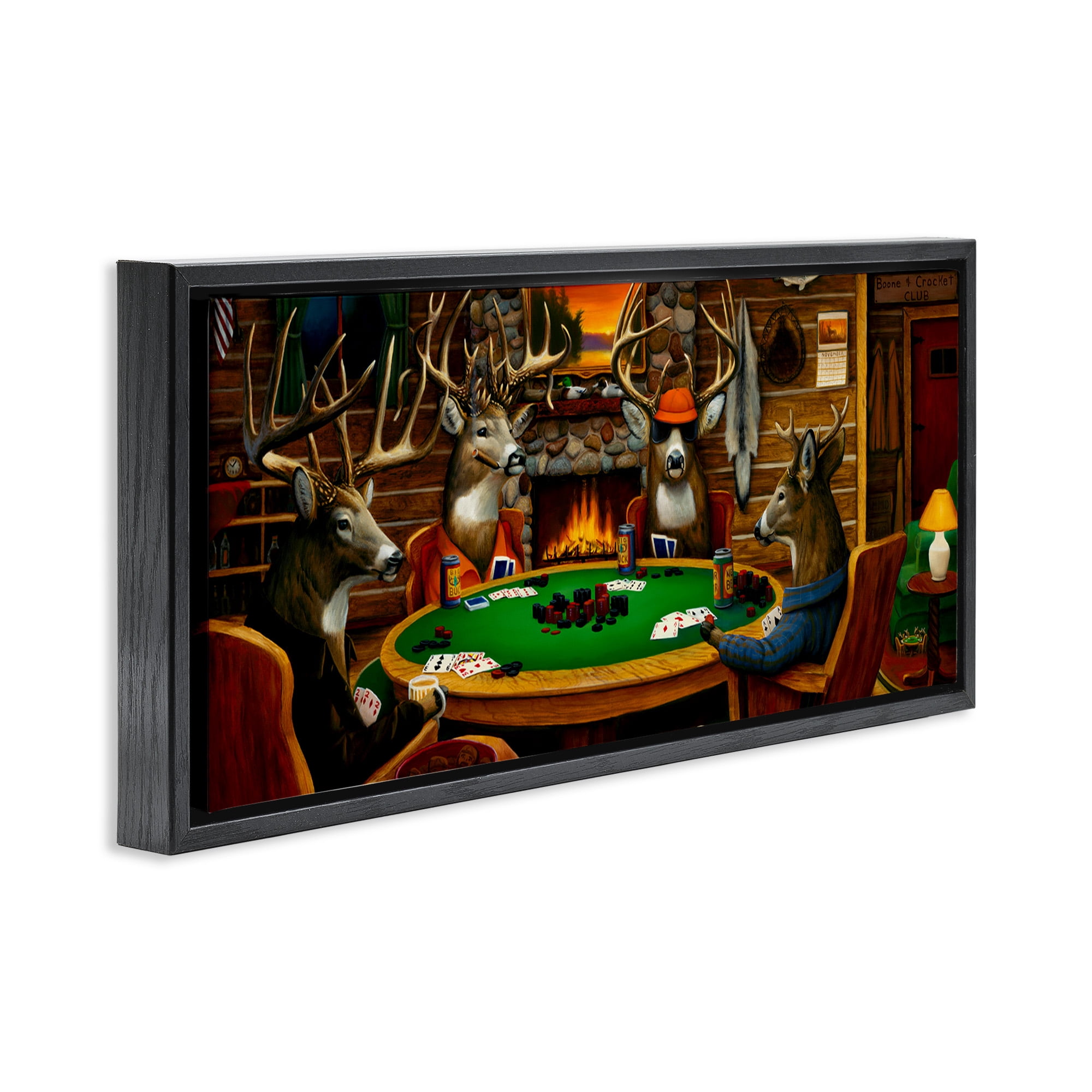 Stupell Industries Deer Playing Poker in Lodge Animals & Insects Painting Black Floater Framed Canvas Art Print Wall Art, 25 x 11