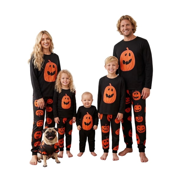 Pijamas familiares a juego para Halloween, peleles para bebé/ropa para perro/camisetas de manga larga y pantalones con estampado de calabaza.
