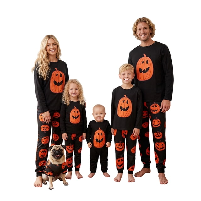 Pijamas familiares a juego para Halloween, peleles para bebé/ropa para perro/camisetas de manga larga y pantalones con estampado de calabaza.