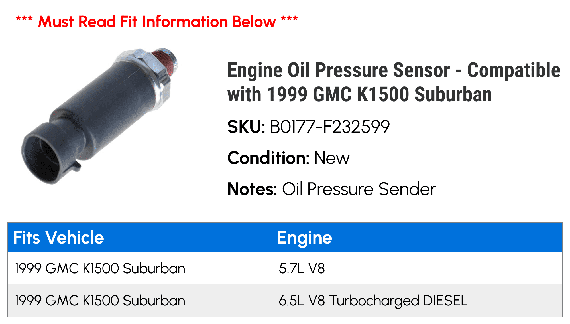 Engine Oil Pressure Sensor - Compatible with 1999 GMC K1500 Suburban