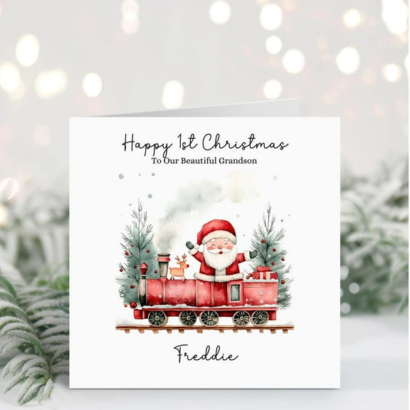 Happy 1st Christmas Grandson Card – Adorable Santa Train Design – Personalized with Name – Perfect Keepsake for Baby's First Christmas
