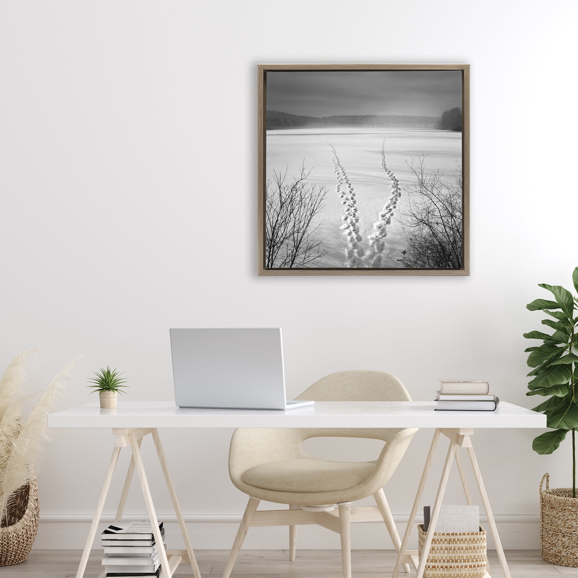 Stupell Industries Snowstep Tracks Across Frozen Lakes Brown Framed Floater Canvas Wall Art, design by Chip Forelli