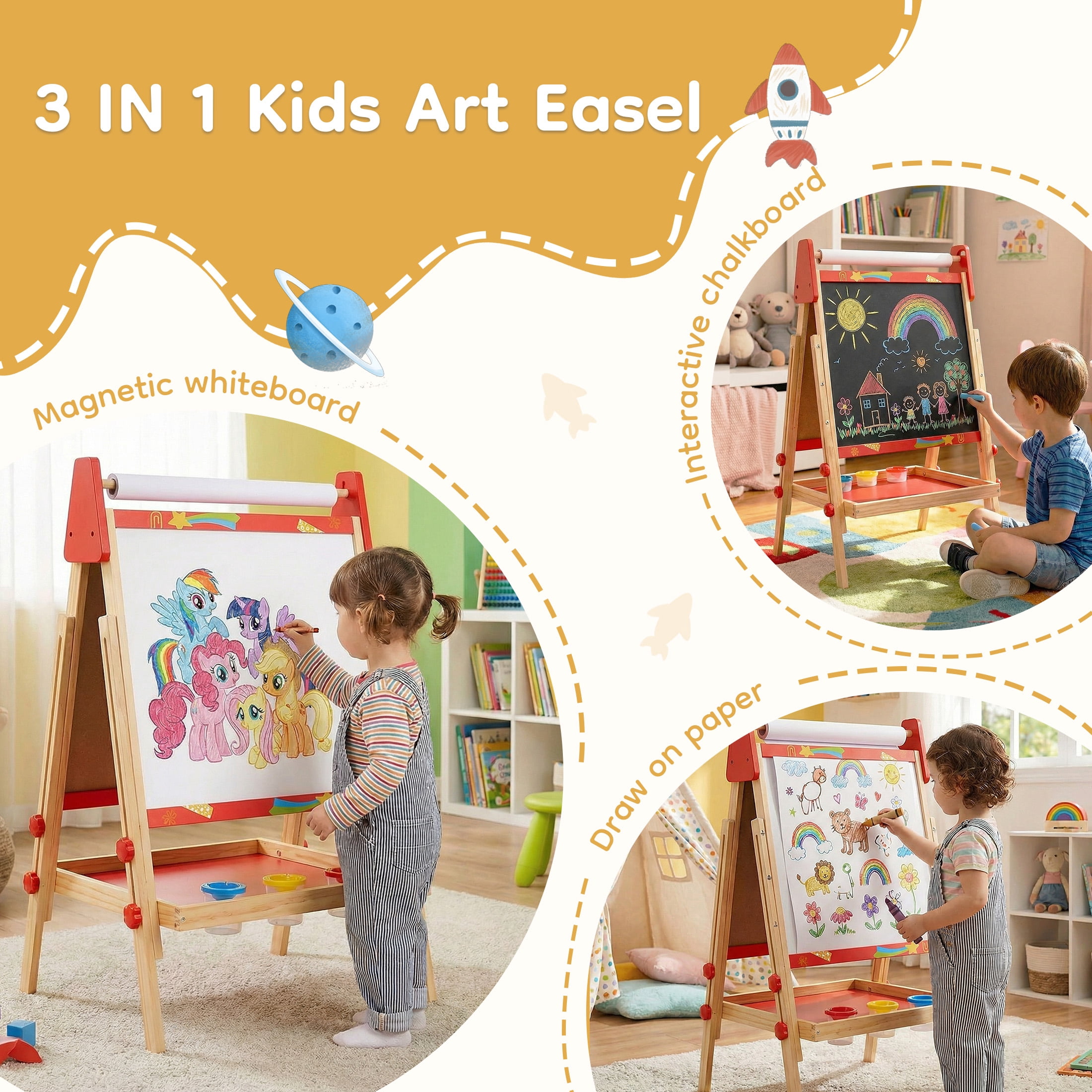 CONCETTA Kids Easel, Double-Sided Magnet Whiteboard & Chalkboard with Paper Roll, Storage Shelf & Accessories, Red