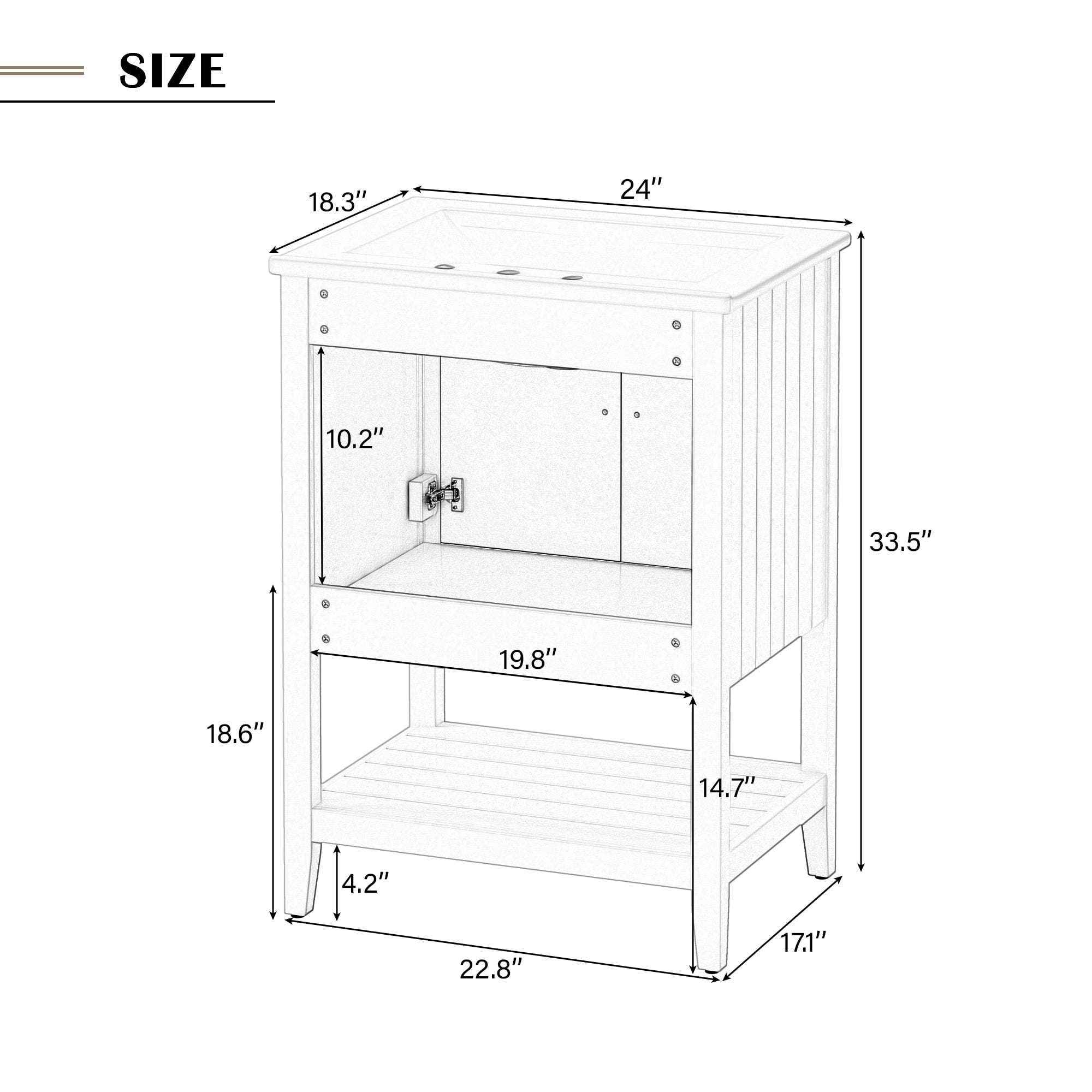 Euroco 24" White Modern Sleek Bathroom Vanity Elegant Ceramic Sink with Solid Wood Frame Open Style Shelf