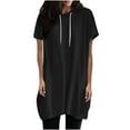 thumbnail image 2 of AXXD Black Basic Ladies Sweatshirts Summer 2024 Solid Color Hooded Drawstring Round Neck Short Sleeved T-shirt Loose Top, 2 of 6