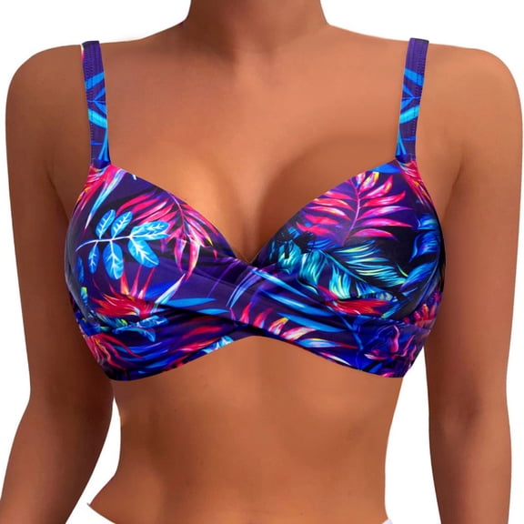 VNKIDY Womens Ladies V Neck Twist Front Tropical Leaf Print Adjustable Strap Bikini Top For Summer Beach Pool Wear Swimming Activities Trendy Swimwear