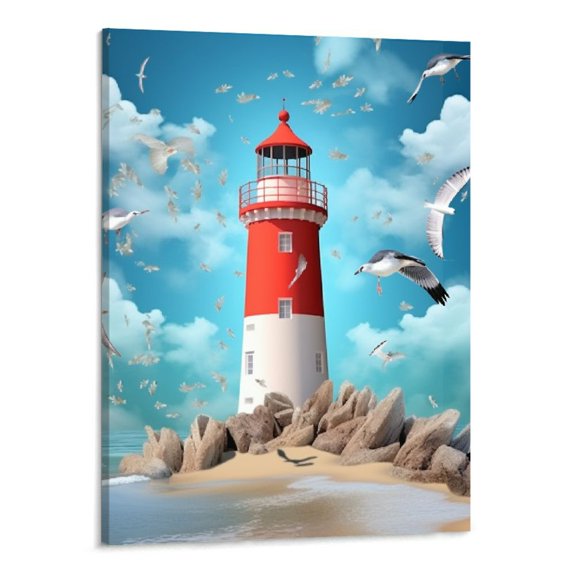 Creowell Oil Painting Canvas Wall Art Ocean Beach Red Lighthouse Sea Gulls,Picture Prints Artwork Stretched and Framed Watercolor Starfish Conch,Wall Decor Ready to Hang for Living Room Kitchen 16x20