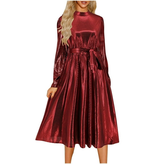 SMihono Fashion Womens Trendy Spring Dresses Casual Long Sleeve Maxi Dresses Crewneck Sparkling Ruched Dresses Elegant Belted Vacation Wedding Guest Dresses Red 8