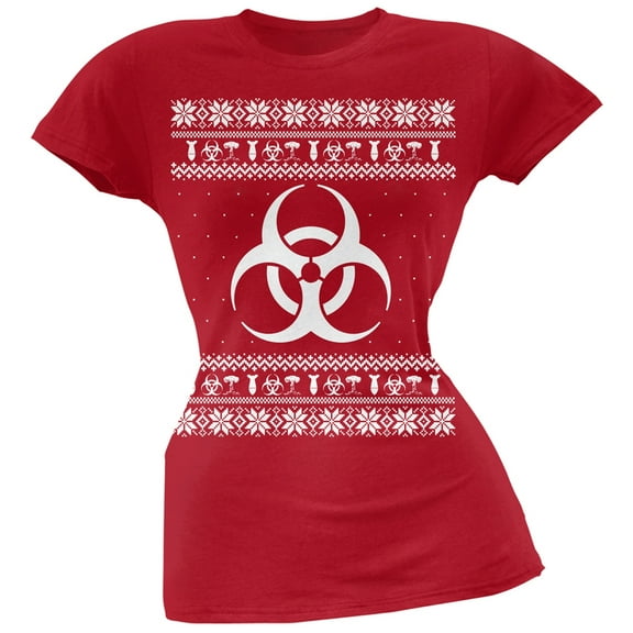 Biohazard Symbol Ugly Christmas Sweater Red Soft Juniors T-Shirt - X-Large