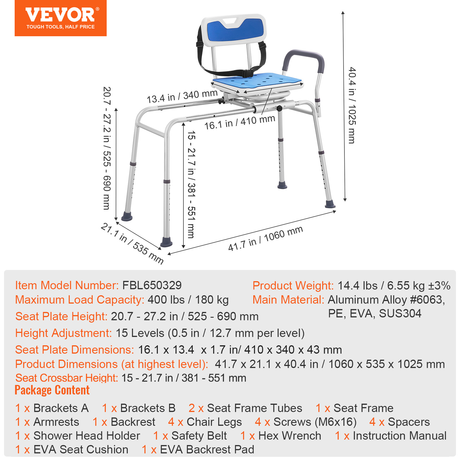 VEVOR Sliding Tub Transfer Bench with 360 Degree Swivel Seat, Height Adjustable Bathtub Transfer Bench with Armrest & Safety Belt, Non-Slip Rotating Shower Chair for Elderly Disabled