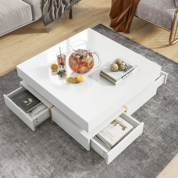 FFZ Modern High Gloss Coffee Table, 4 Drawers Square Tea Table with Wood Legs, Living Room Center Table, 31.5'', White