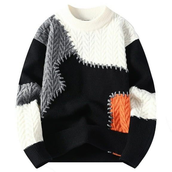 DHFJKG Men's Patchwork Jacquard Sweater Color Block Casual Crew Neck Knit Pullover Autumn Winter Loose Fit Cozy Jumper Tops