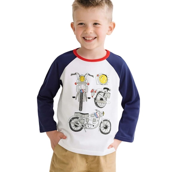 Bobifish Toddler Boys Tees Raglan Long Sleeve Crew Neck Cotton Motorcycle Print Soft Fall & Autumn Casual Sports T Shirts