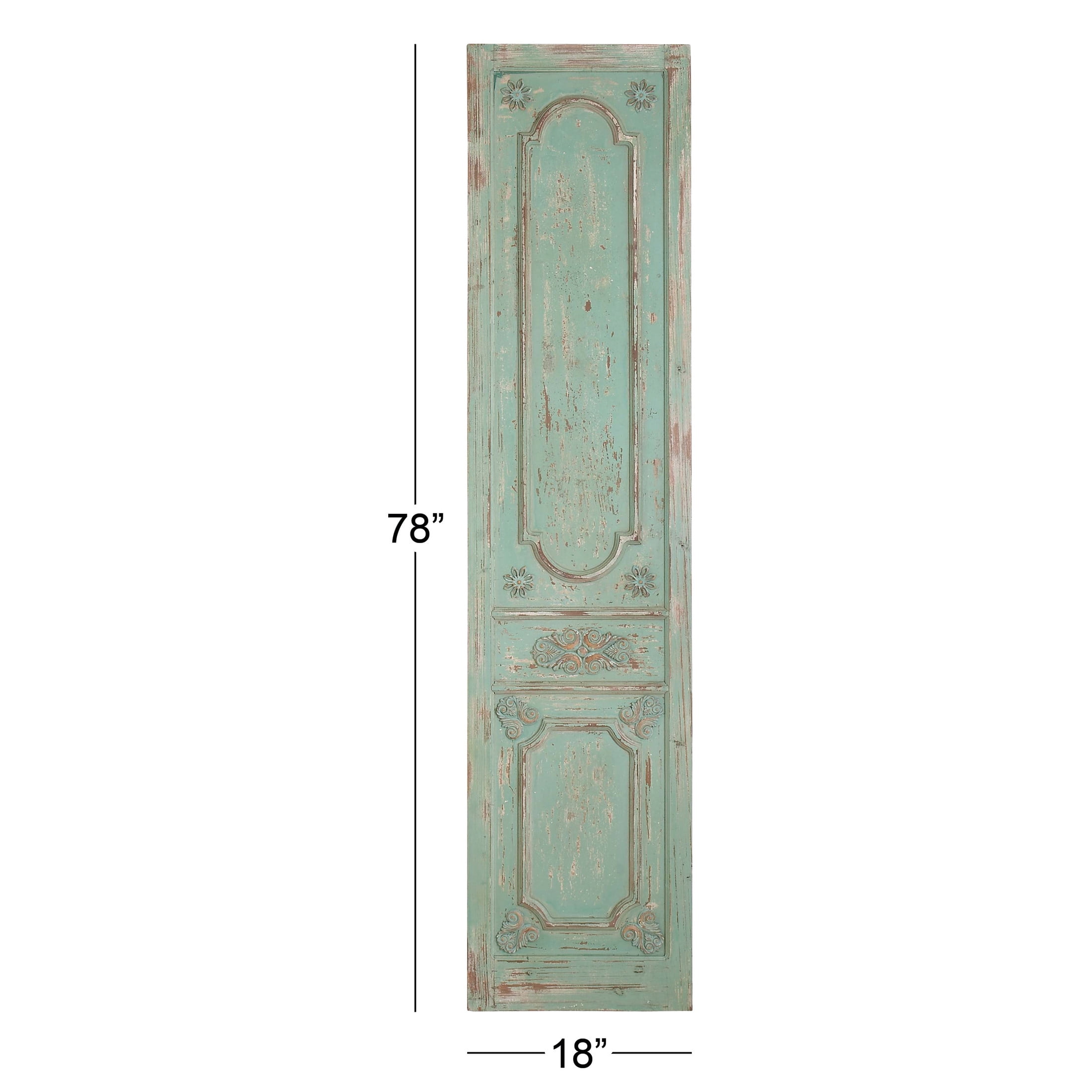 DecMode Green Wood Distressed Antique Door Panel Scroll Wall Decor