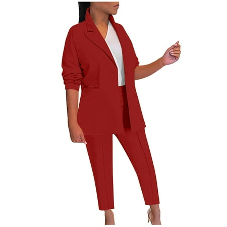 Homenesgenics 2 Piece Outfit for Women Plus Size Women Temperament Solid Shirt Collar Long Sleeved Pocket Less Top Extended Pants Set Red L