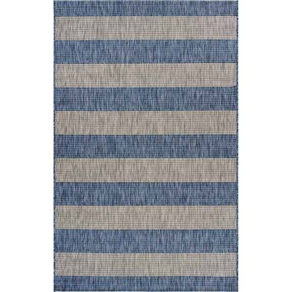 Laddha Home Designs 5' x 7' Navy and Gray Coastal Striped Rectangular Outdoor Area Throw Rug