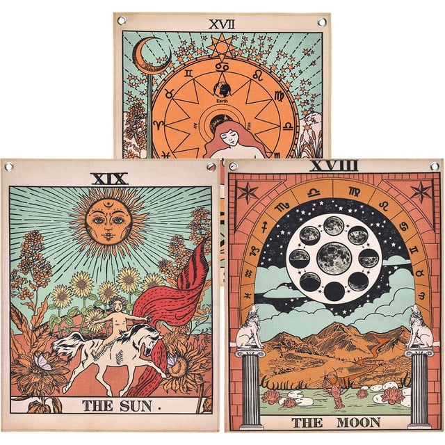 Pack 3 Tapiz De Tarot, Tapiz De Cartas De Tarot De La Luna, La Estrella Y El Sol, Tapiz De Europa Medieval para Habitación con Ojales Inoxidables, Clavos Sin Costuras