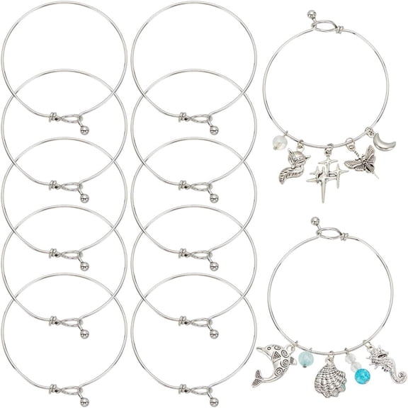 12Pcs Bracelet Bangle Open Blank Wire Bangle Charm Bracelet Silver 304 Stainless Steel Buckle Hook Clasp Adjustable Bangles