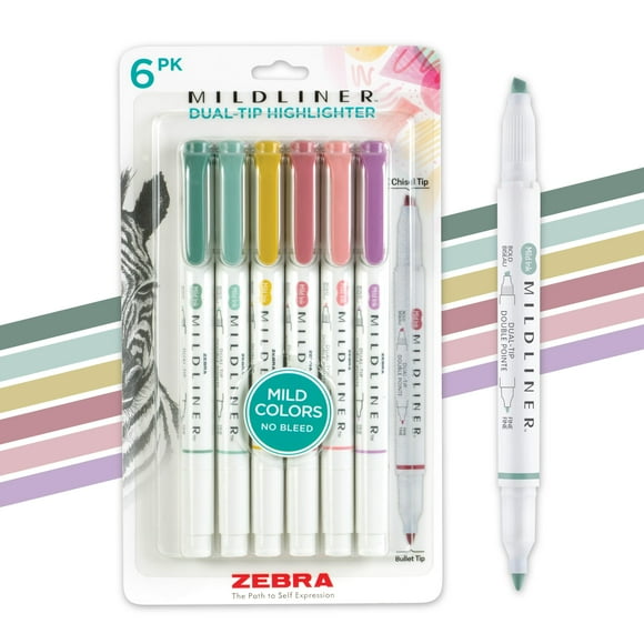 Iluminador Zebra Pen Mildliner de doble punta, paquete de 6, no destiñe