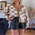 thumbnail image 4 of Women‘s Checkerboard Print Cropped Cardigan Long Sleeve V Neck Button Down Sweater Knit Tops L, 4 of 8