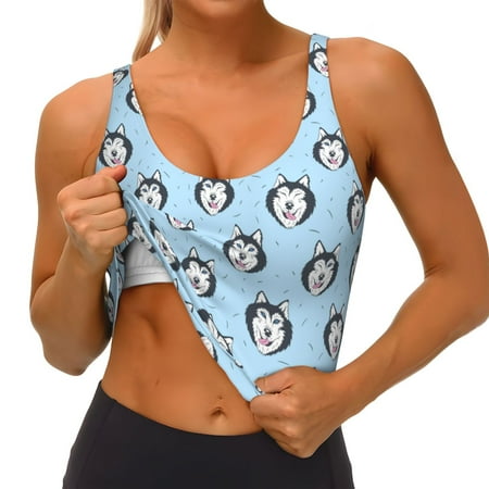 Qokaie Husky Head Pattern Womens Scoop Neck Sports Bra Breathable Workout Vest Padded U Back Medium Impact Fitness Gym Yoga Bra Workout Crop Top