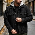 thumbnail image 2 of Jerdar Men's Faux Two Piece Hooded Denim Trucker Jacket Lapel Collar Button Flap Pockets Washed Long Sleeve Loose Fit Vintage Casual Fall Winter Streetwear Jean Outerwear Coat Top, 2 of 5