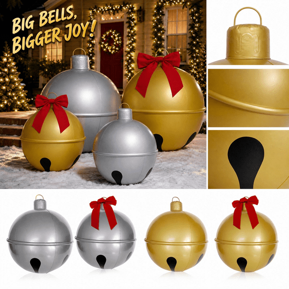Inflatable Christmas Bell Ball with Hanging Ribbon Bow, Festive Gold Decor for Outdoor Christmas Decorations Yard & Indoor Settings, Holiday Party & Gift Ready Christmas Yard
