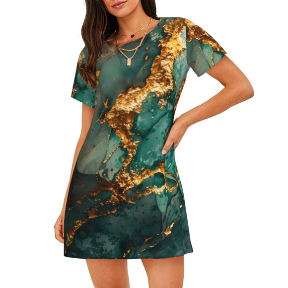 Vsdgher Emerald Color Gold Marble Pattern Womens Short Sleeve Sleepshirt Scoopneck Cute Nightdress Ruffle Comfy Nightgown