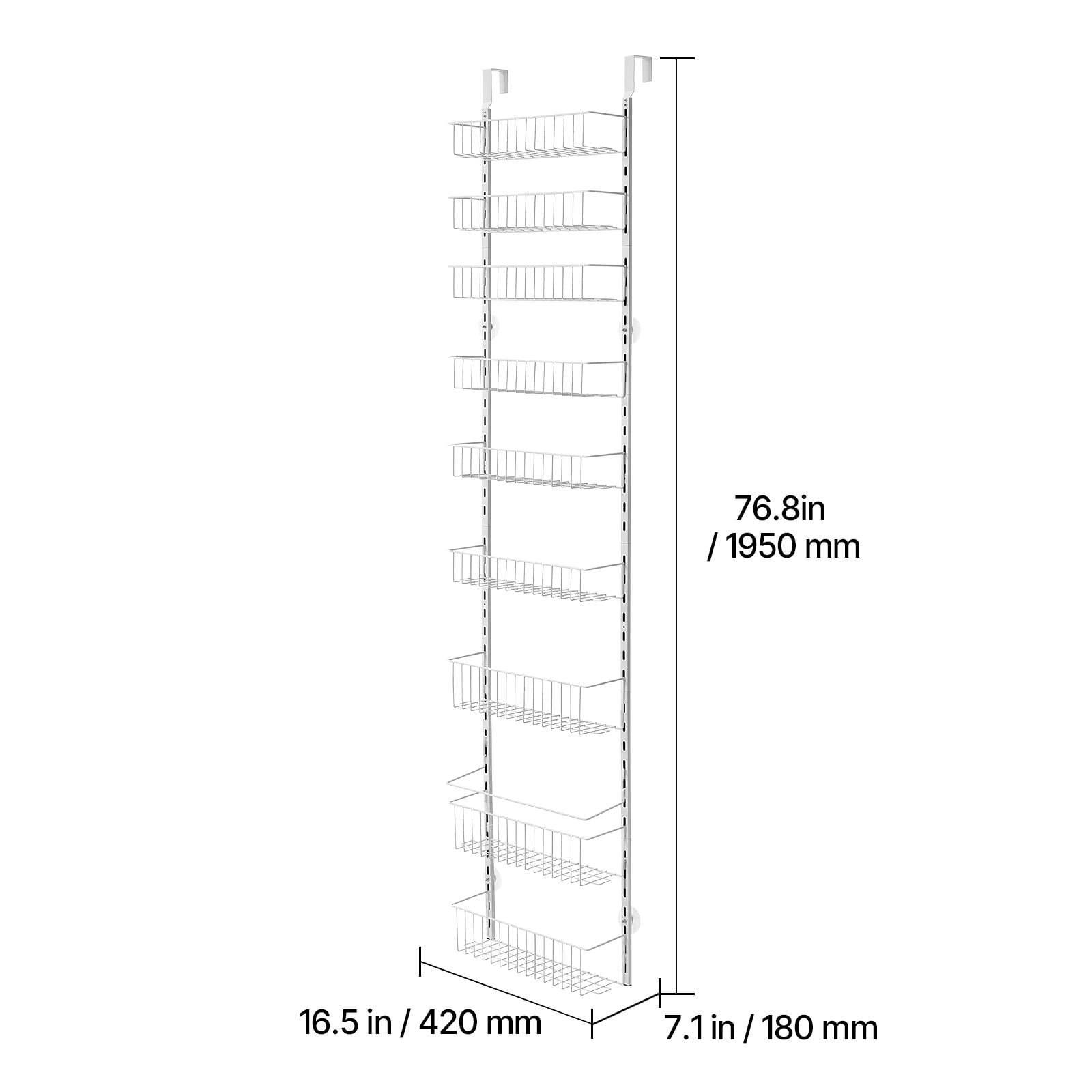9-Tier Over The Door Pantry Organizer, Heavy-Duty Steel, Adjustable Baskets, 29.8 lbs Capacity, White, for Kitchen Laundry Bathroom