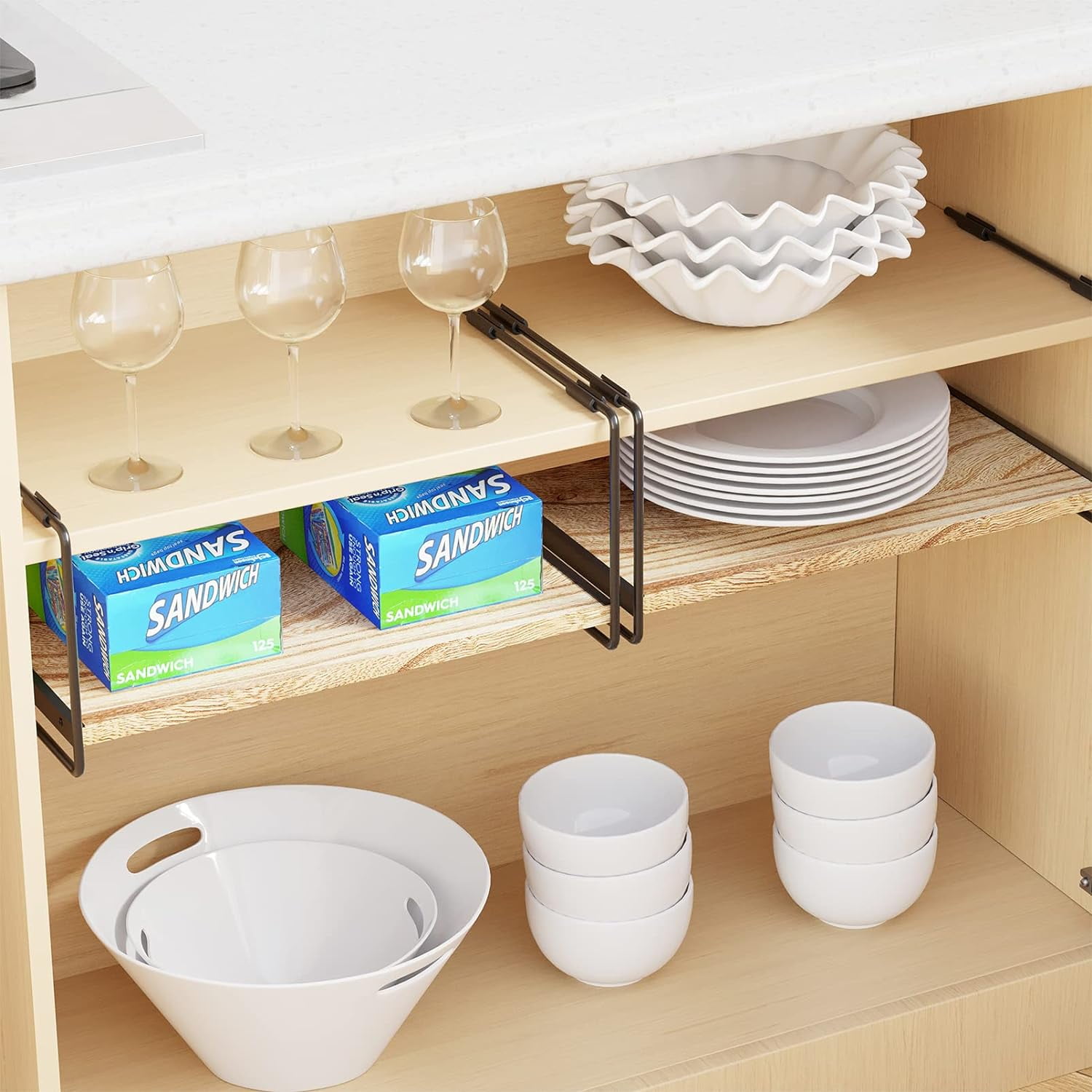 SpaceAid 2 Pack Cabinet Shelf Organizers, Kitchen Counter Organizer Rack Under Shelves Riser, 16" Wide