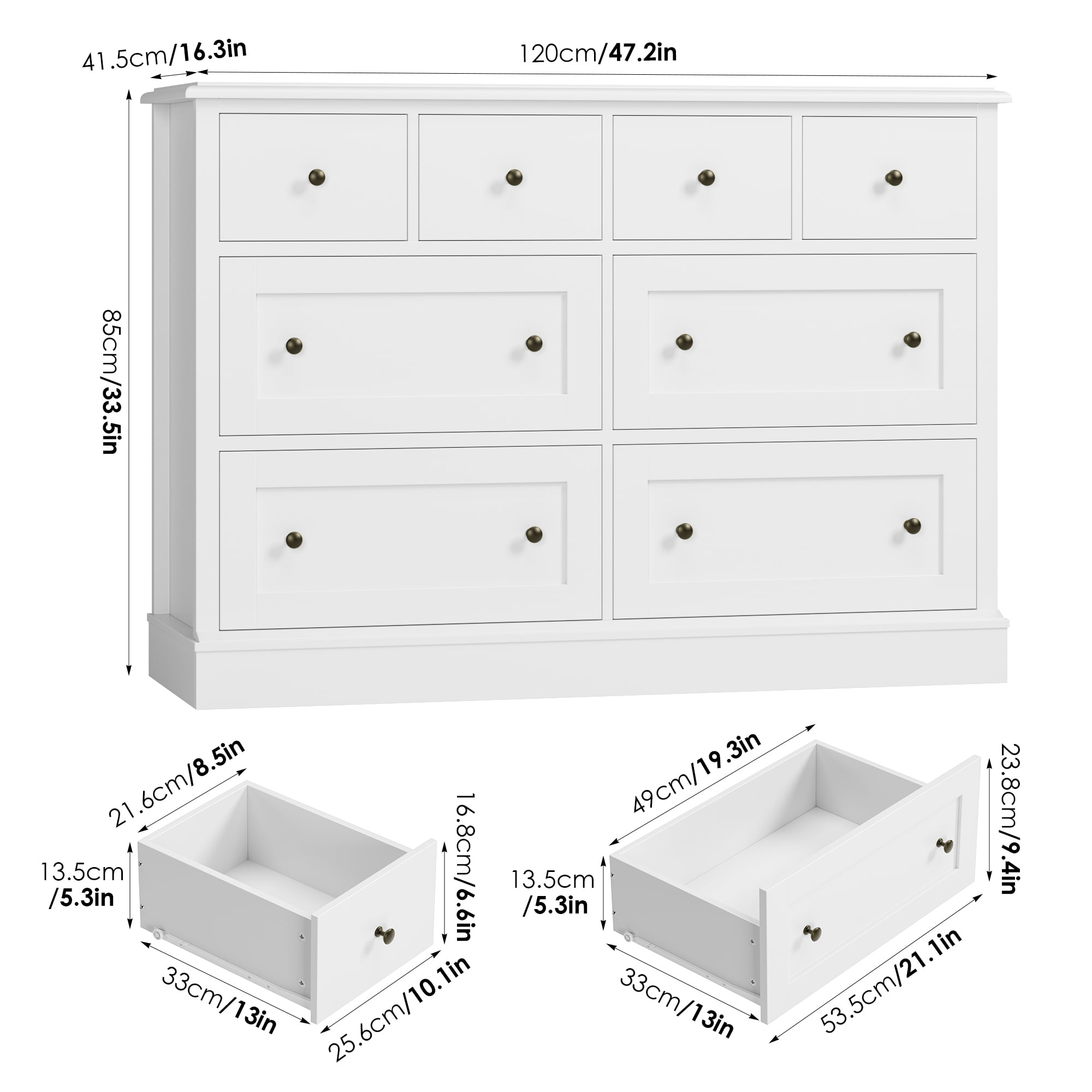 Homfa 8 Drawer Horizontal Combo Dresser for Bedroom, Modern White Chest of Drawers Wood Storage Cabinet for Living Room
