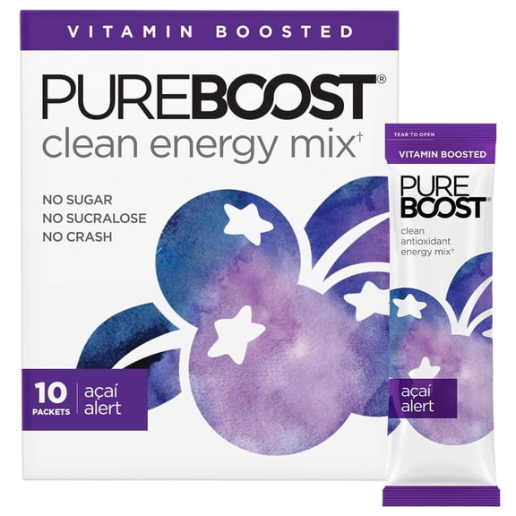 Pureboost Clean Energy Booster, Acai Alert 10 Count, Refreshing Energy Drink mix with B12, Electrolytes & Antioxidants, Sugar-Free with No Sucralose